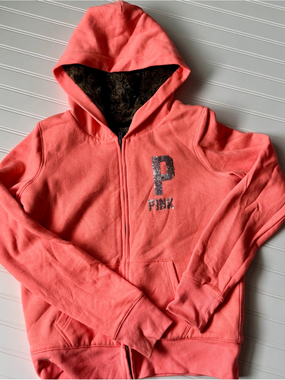 PINK Victoria's Secret Coral Zip Hoodie with Glitter Love Pink on back